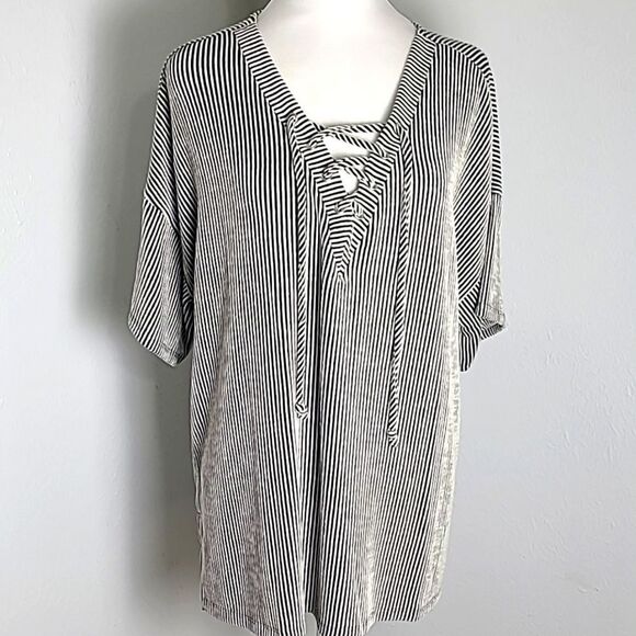 Cato Black & White Stripe Top with Lace-up Neckline, Size 14/16W - Picture 1 of 10